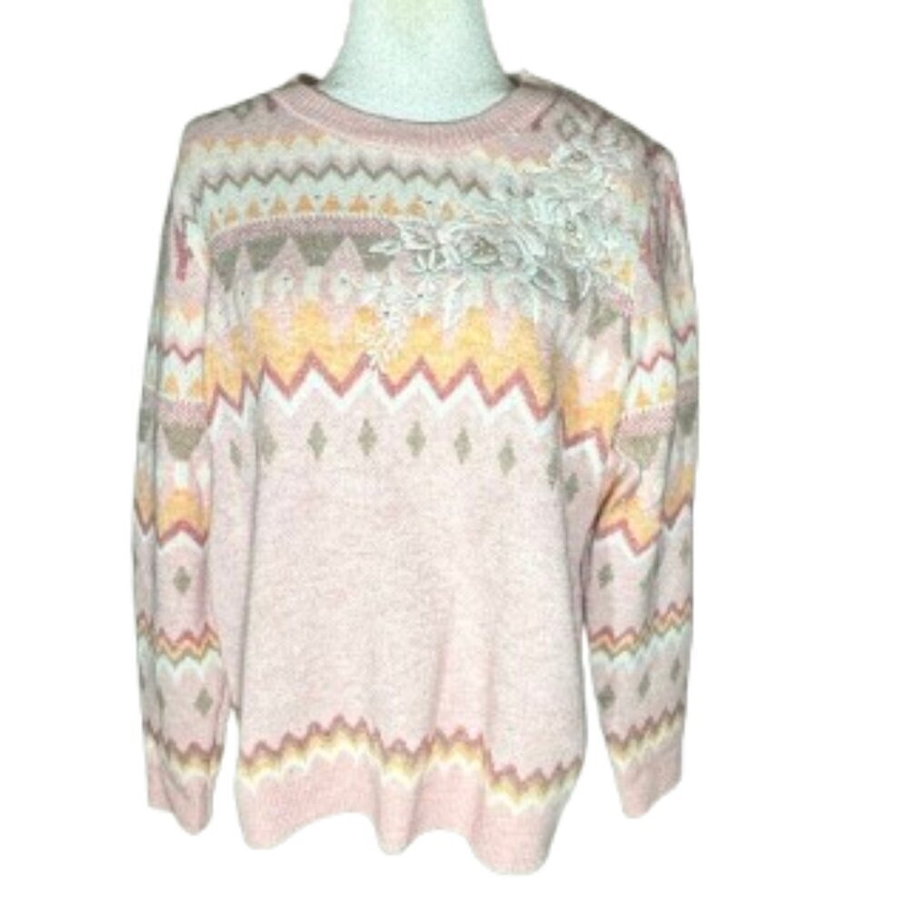 NWT Alfred Dunner Women's Large Telluride Fairisle Sweater w/ Floral Embroidery